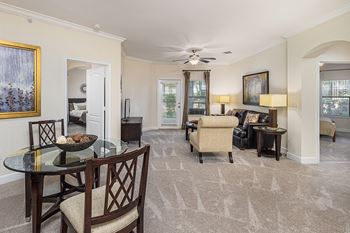 Apartments with crown molding, faux-wood blinds and decorator light fixtures - DeLayne at Twin Creeks